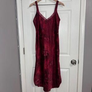 VTG California Dynasty Burgundy Floral Lace Trim Nightgown Medium Red Side Slit